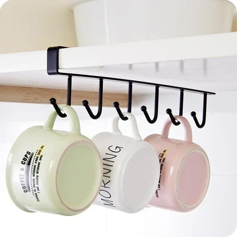 6 Hooks Multifu Cup Holder Hang Cabinet Under Shelf Rack Metal Household Kitchen Cupboard Cabinet Storage Organiser Hooks Racks