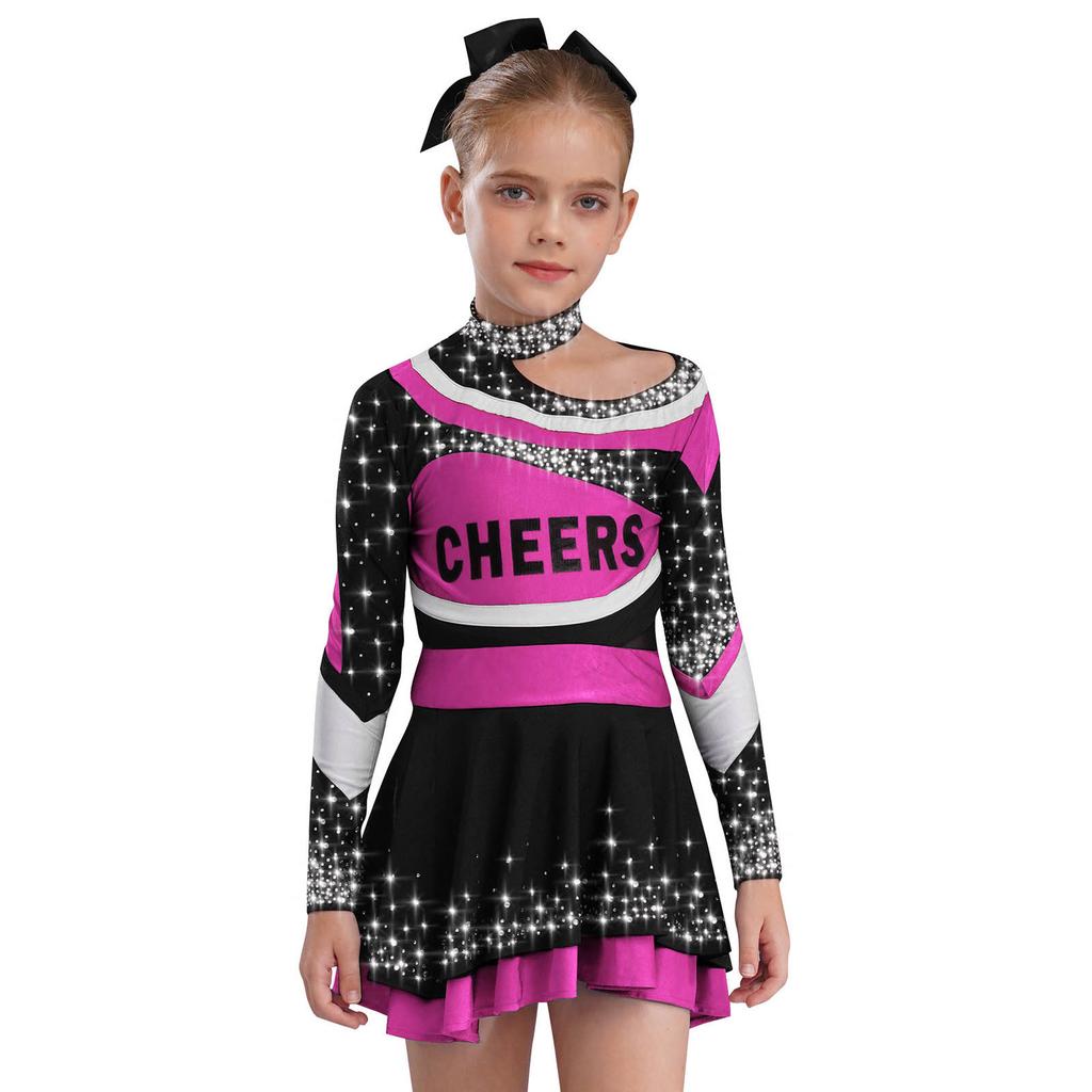 Girls Stage Performance Costume Long Sleeve Letter Print Shiny Rhinestones Color Block Cheerleading Set