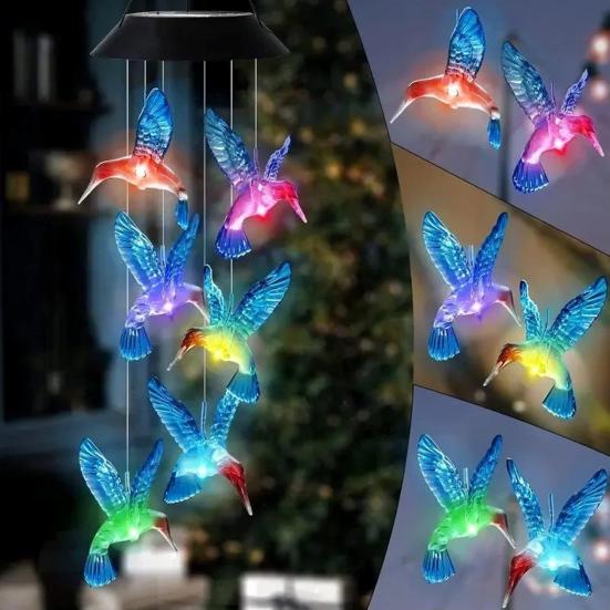 Hummingbird Shape Wind Chimes Butterfly Hanging Pendant Waterproof Solar Power Automatic Lighted Wind Chimes Outdoor Decoration
