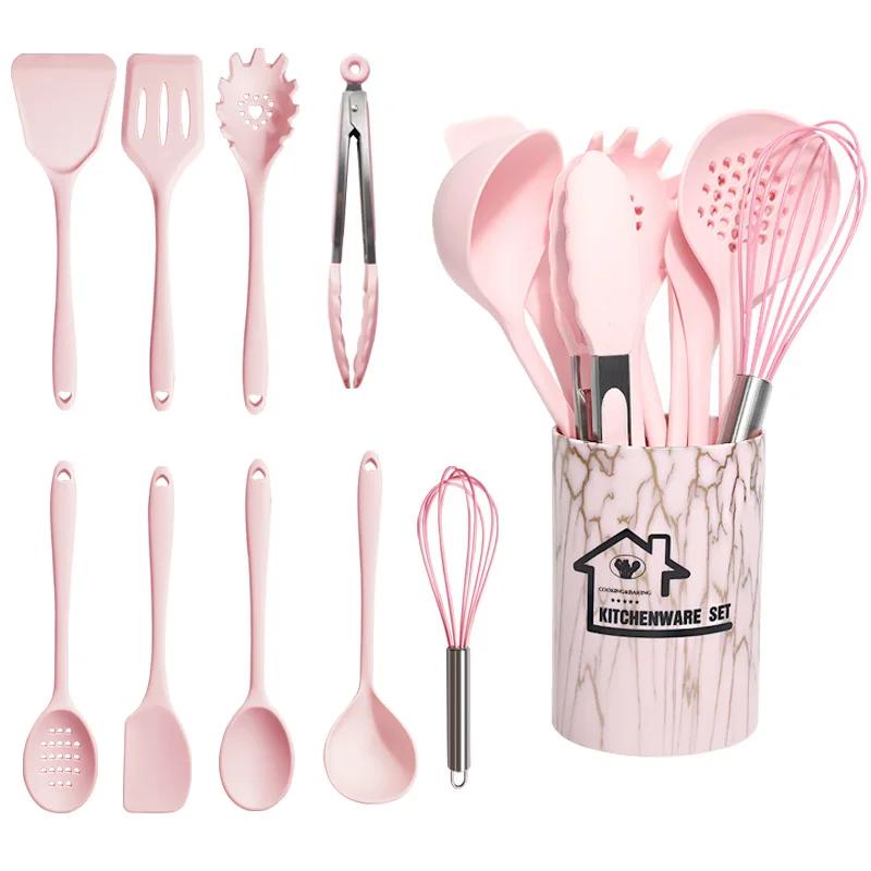 10Pcs Non-Stick Silicone Cooking Utensils Set Pan Baking Tools Pink Kitchenware Spatula Spoon Food Tongs Kitchen Kit with Box