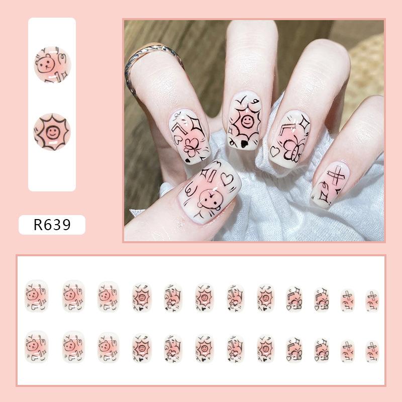 Artificial Nails Cute Childlike Blush Graffiti Nail Art Milky White Base Painting Printing Wearable False Nails