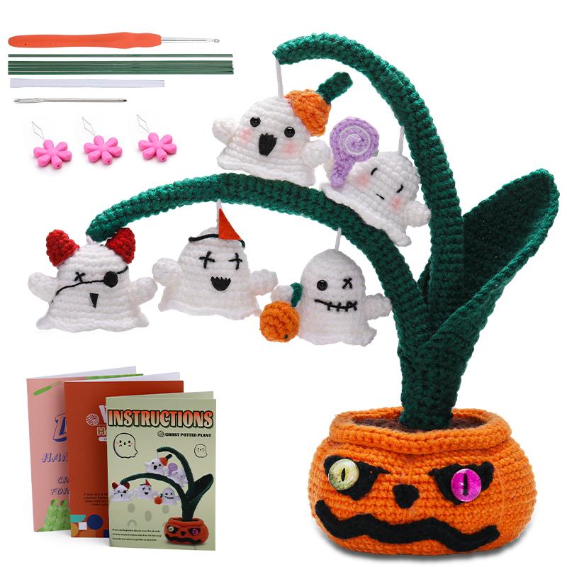 Набор для вязания крючком для начинающих «Тыква-монстр в горшке» для Хэллоуина. Пряжа для вязания крючком. Инструменты, расходные материалы и простой видеоурок.