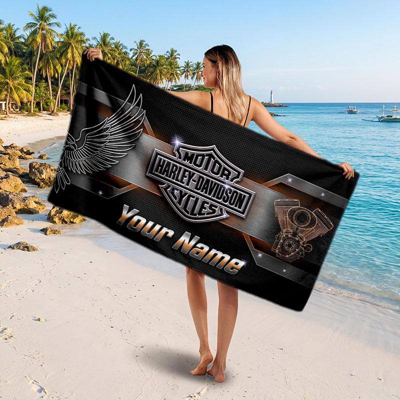 Harley-Davidson Customized Name Text Beach Towel, Soft Absorbent Towel Beach Pool Travel Personal Gift