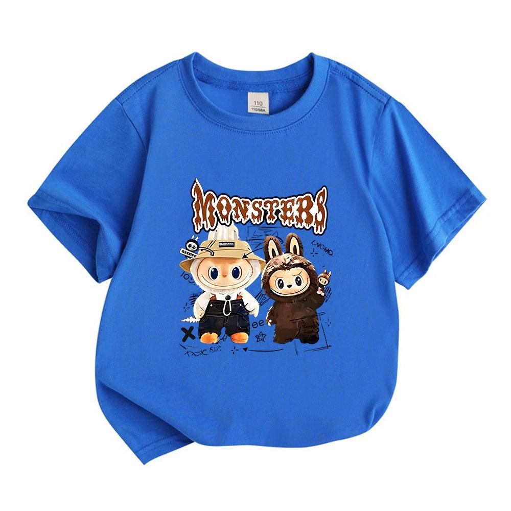 Kids Boys Girls 100% Cotton Crew Neck Short Sleeve T-Shirt, Funny Cute Cartoon Monsters Print Casual Soft Breathable Tee for Daily Wear Summer Tops