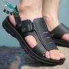 Мужские сандалии 2025 лето новые кожаные повседневные пляжные туфли мужские двойного назначения нескользящие с мягкой подошвой крутые шлепанцы