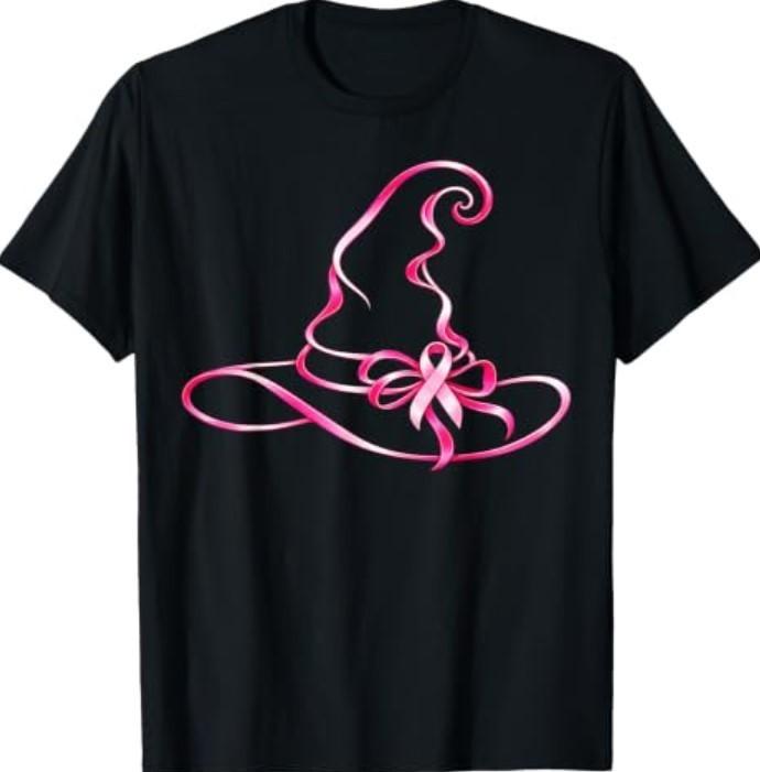 Pink Ribbon Witch Hat Halloween Breast Cancer Awareness T-Shirt