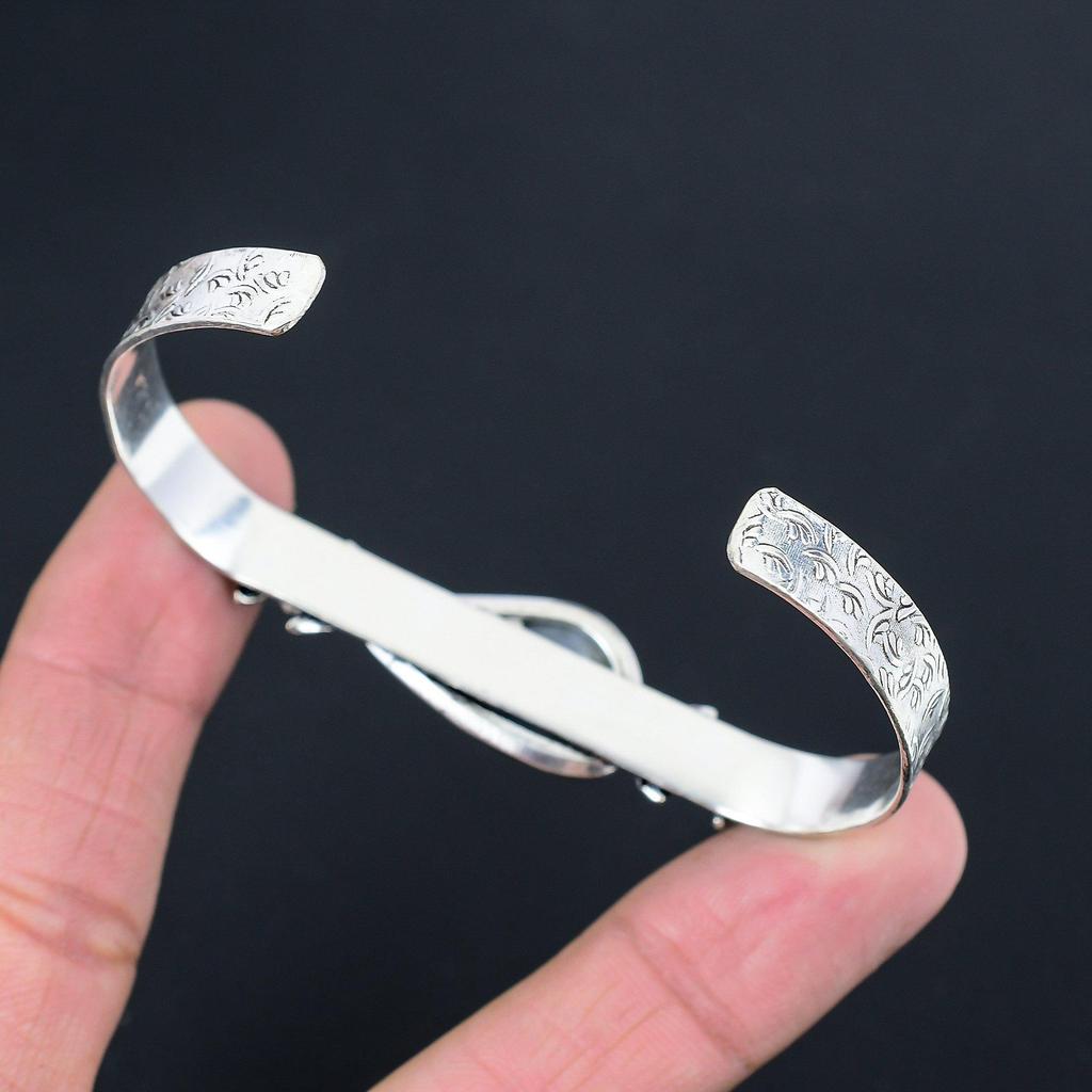 Easter Deal Natural Fume Agate 925 Silver Sister Flower Art Deco Bangle Jewelry