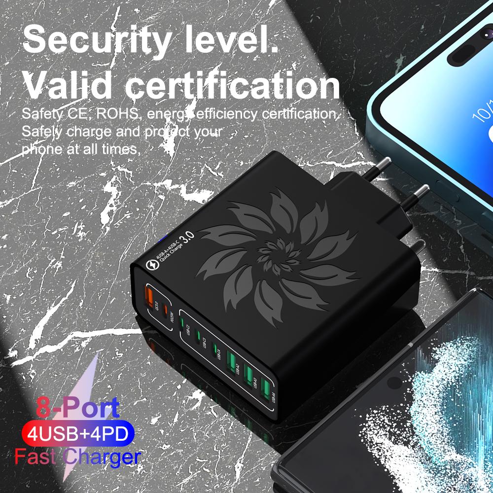 GaN Fast Charging 8USB Type C Charger EU KR PD 3.0 Quick Charge Wall For Phone Adapter For iPhone 16 15 Xiaomi Samsung