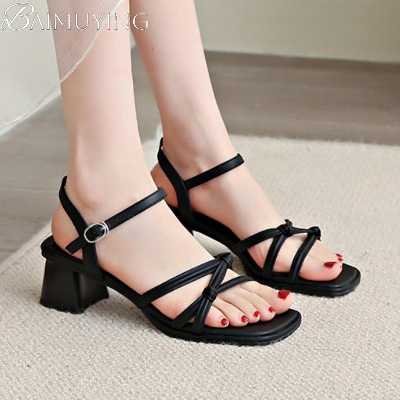 Women Heeled Sandals Square Toe Chunky Shoes Woman Slingback 2025 Trend Dress Shallow Loafers Summer Elegant Sandalias De Mujer