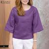Women Casual Round Neck Loose 3/4 Sleeve Cotton Blouse