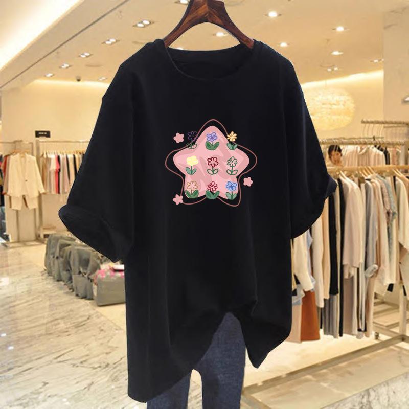 Хлопковая Сладкая Милая Звезда Цветок Футболка с Коротким Рукавом Женская Летняя Свободная Нового Дизайна Нишевый Топ с Полурукавом