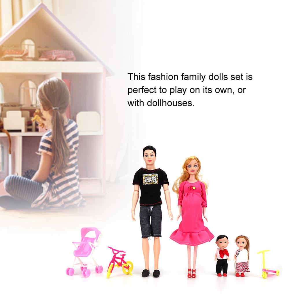 Family Dolls Set of Dad Pregnant Mom Girl Boy Children Role Play House Toy Gift(BlackRose Red )