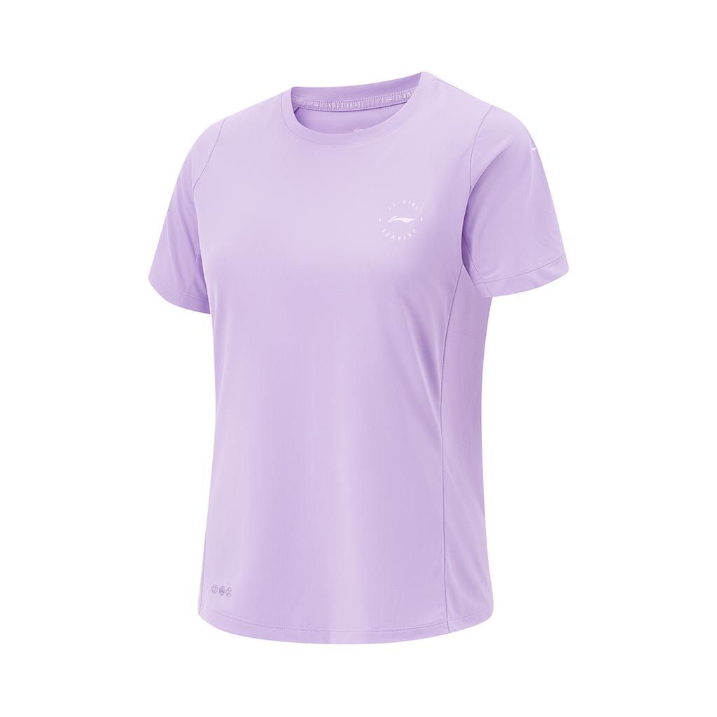 Li Ning Беговая серия Однотонная футболка с логотипом, круглым вырезом, дышащая, универсальная, с коротким рукавом, женская, светло-фиолетовая ATSV088-2