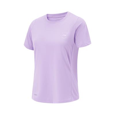 Li Ning Беговая серия Однотонная футболка с логотипом, круглым вырезом, дышащая, универсальная, с коротким рукавом, женская, светло-фиолетовая ATSV088-2