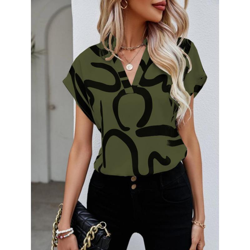 Women's Shirt Summer Bat Sleeve Tops Lady Elegant Simple Printed Casual Women's Blouse New Fashion Beach Vacation Loose Female Clothing