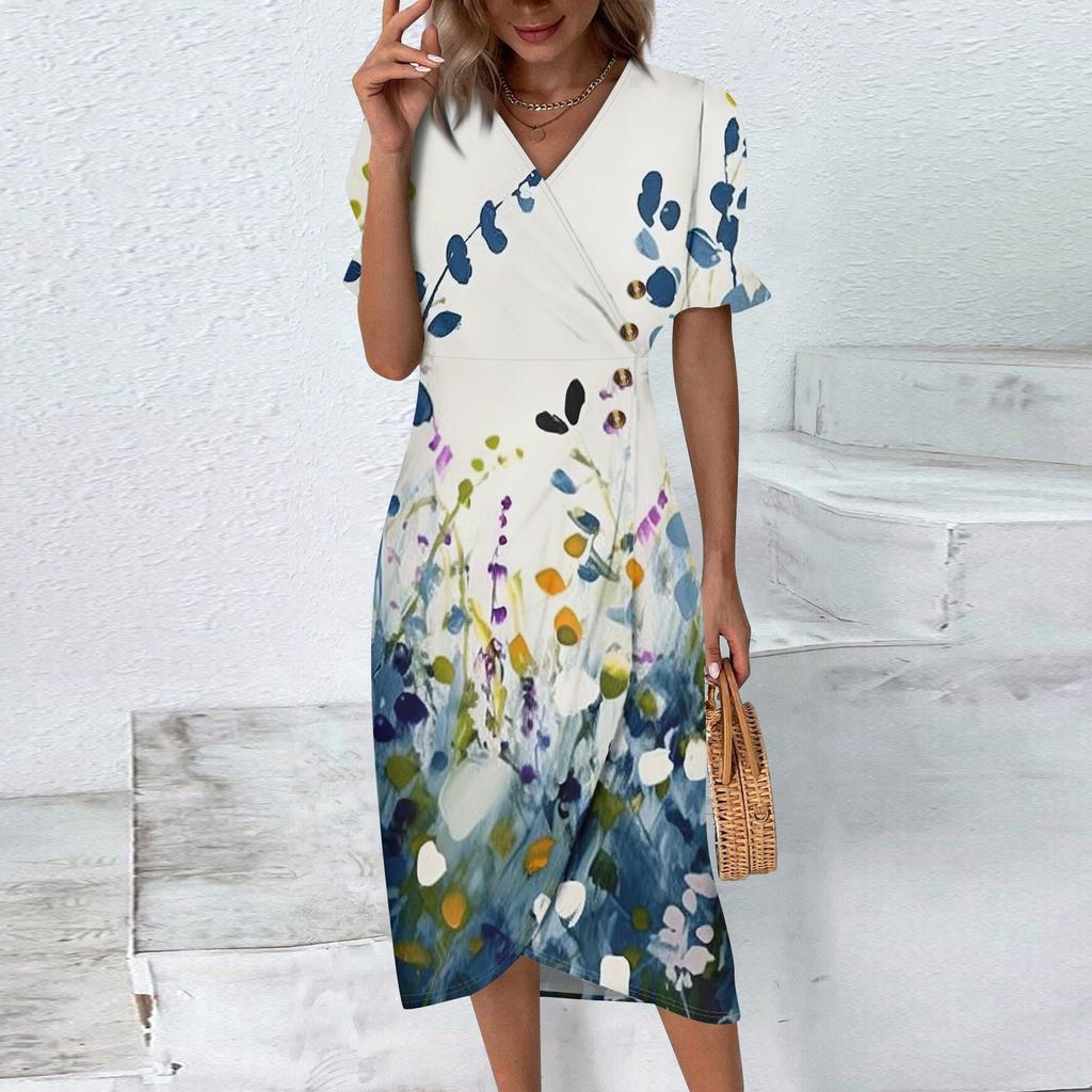 Пляжные платья для женщин, весна-лето, элегантное платье с запахом и V-образным вырезом в стиле бохо, струящееся гавайское платье макси с рюшами