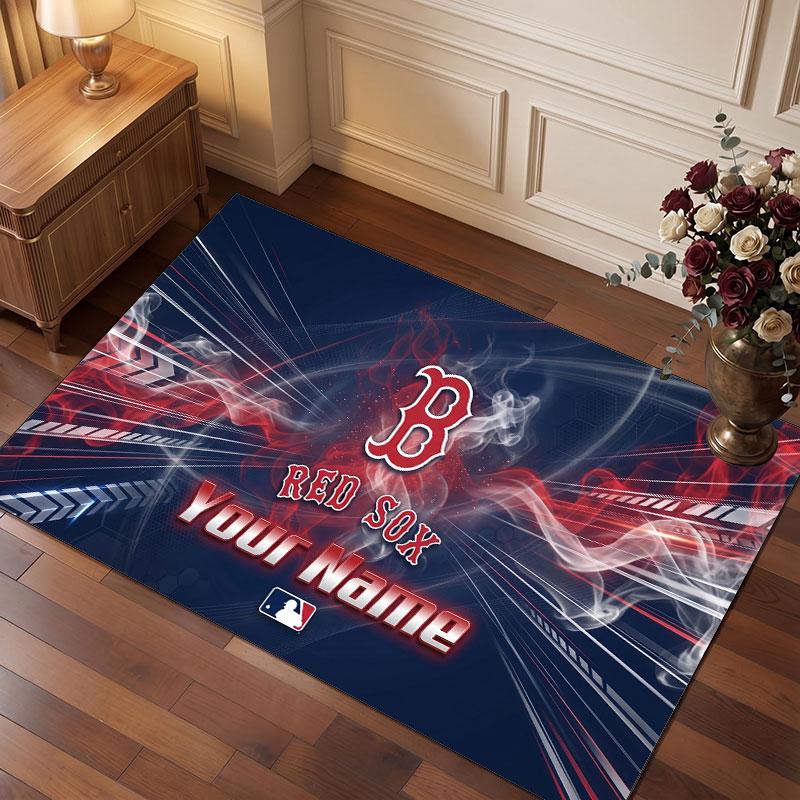 Boston Red Sox Personalized Crystal Velvet Carpet, Customized Name Text Soft Anti‑Slip Rug for Living Room Bedroom