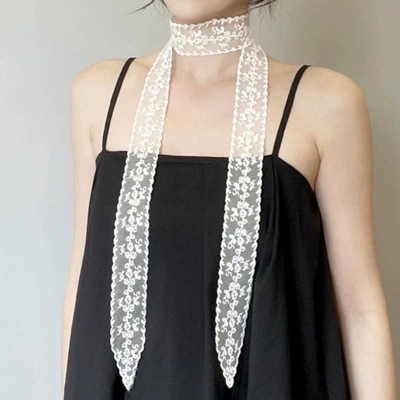 Y2K Women Narrow Long Scarf Solid Color Silk Black Bag Ribbon Headbands Choker Floral Lace Scarf