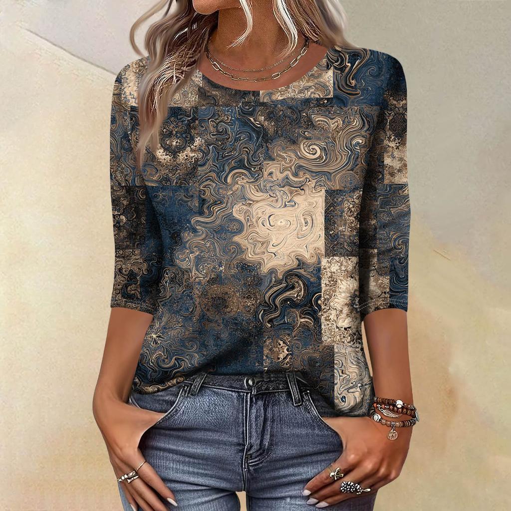 Trendy Vintage 3/4 Sleeve Top For Women ,Ladies Casual Three Quarter Sleeve Round Collar Printed T-Shirt Blouse