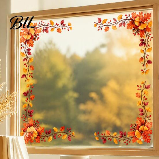 Removable Window Film Harvest Festival Static Glass Sticker, Autumn Clings with Maple Leaves Sunflowers And Seasonal Art Berries Prints, Reusable PVC