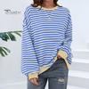 Женская простая футболка оверсайз, полосатый пуловер с цветными блоками, топы с круглым вырезом и длинными рукавами, свободная футболка уличной одежды