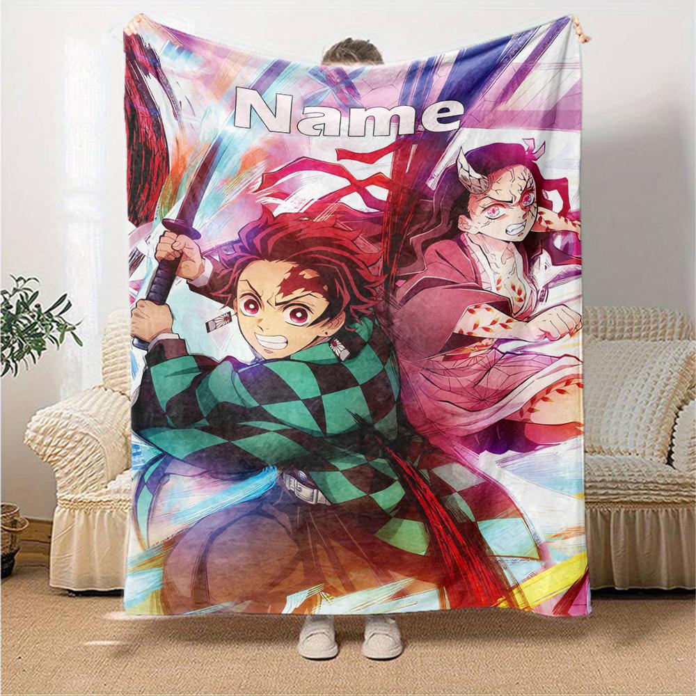 Custom Name Demon Slayer Theme Printed Blanket - Perfect for Couch, Bed, Travel & Outdoor Use | Machine Washable, Cozy & Durable.