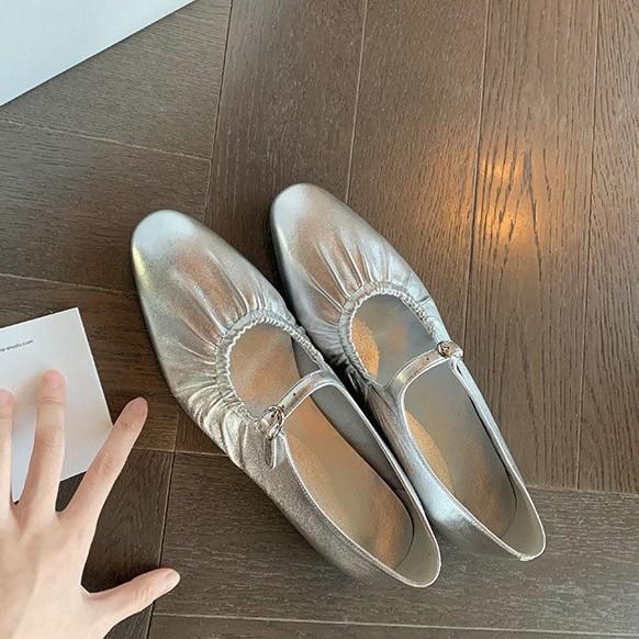 Sheepskin Version~ Premium Leather Shoes Versatile Silver Mary Jane Shoes Women's Shallow Mouth Single Shoes Beautiful Flat-bottomed Ladyshoes