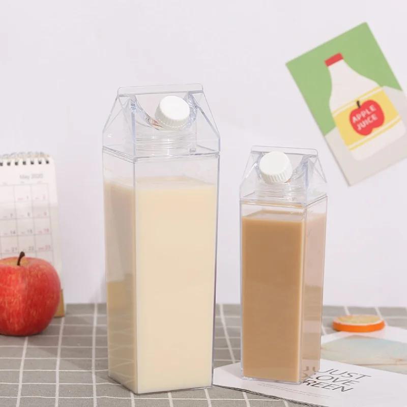 Plastic Clear Milk Carton Water Bottle New Reusable Juice Transparent Sport Leakproof Cup2023 Box Drinking