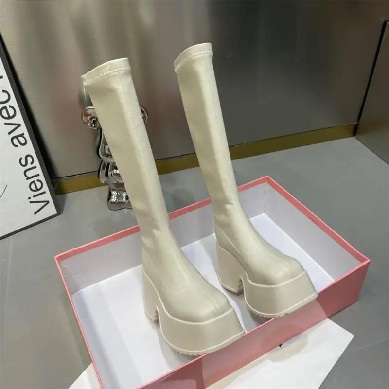 Осень-зима, удобные женские модные длинные сапоги с застежкой-молнией сзади, женские сексуальные элегантные туфли на платформе с 9-сантиметровой толстой подошвой, женские рыцарские сапоги