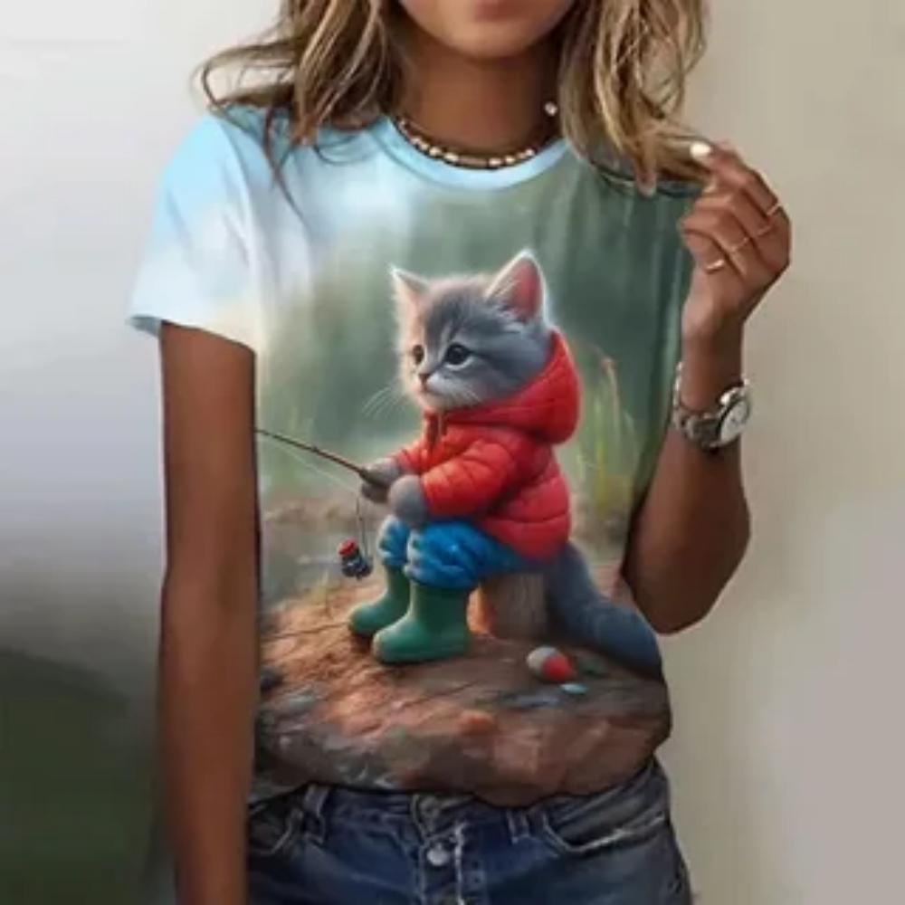 Женская футболка 3D с милым забавным принтом кота, повседневная, свободная, модная, с круглым вырезом, летняя, дышащая, оверсайз