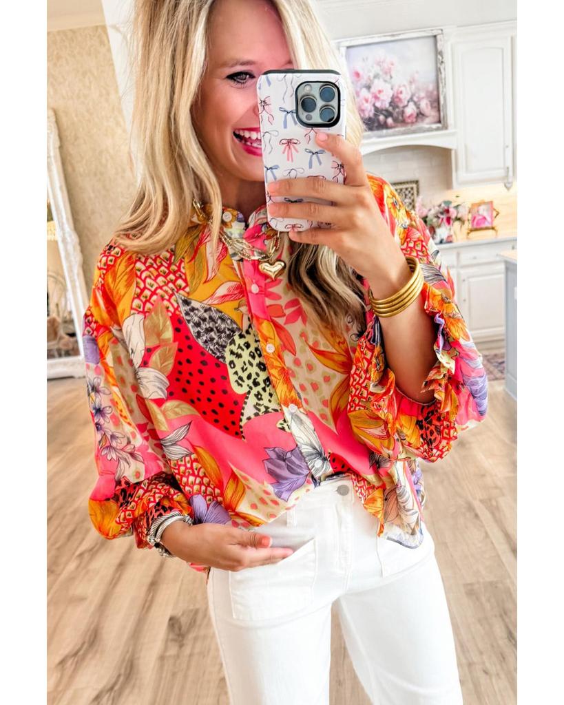 Azura Exchange Красная рубашка с абстрактным цветочным принтом, застегивающаяся на пуговицы и оборками на рукавах-фонариках