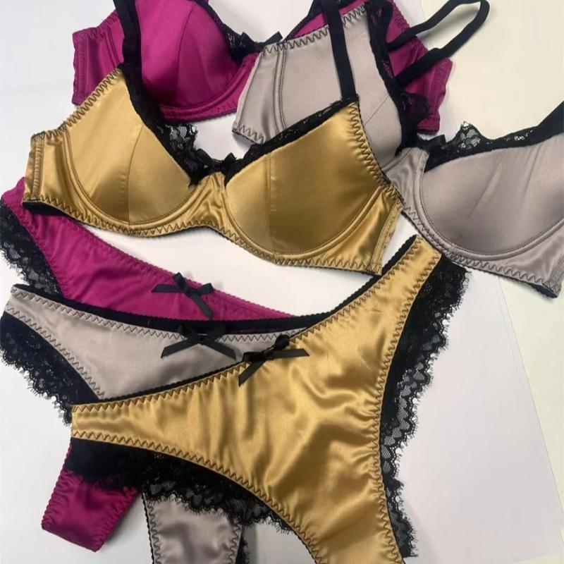 Новый женский комплект нижнего белья из французского шелка, бюстгальтер-бюстгальтер с тонкой кружевной чашкой, комплект с бюстгальтером Push Up, розовое романтическое нижнее белье для женщин