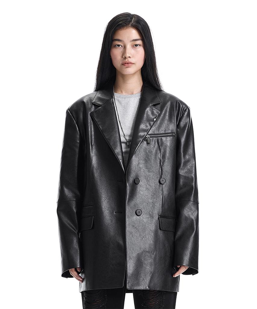 TREEMINGBIRD Metal-Ring Oversized Leather Jacket [ Black ]