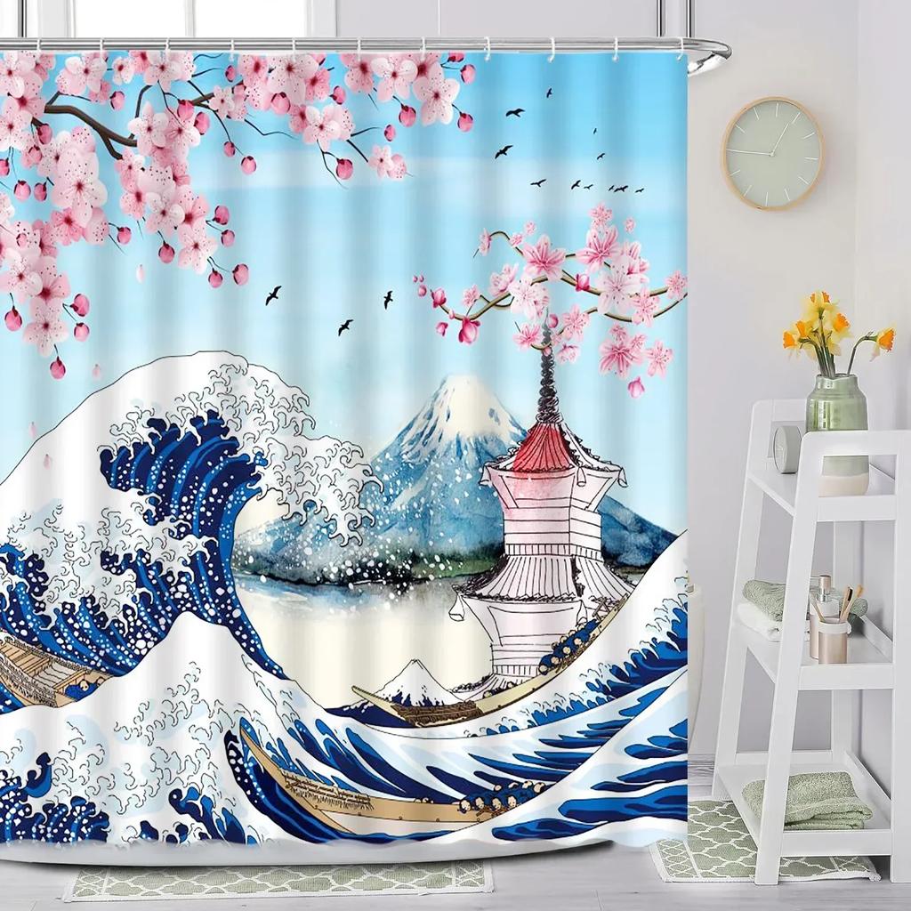 Японская шторка для душа, Морские волны Сакура Красное солнце Аниме Кимоно Женщина Пейзаж горы Фудзи Тушь Журавль Птица Декор для ванной