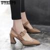Soft Leather High-heeled Sandals Pointed One-button Shoes Medium Heel Thick Heel Fashionable Leather Shoes Simple Casual Style Commute Work Shoes