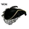 Captain Costume Accessory Halloween Pirate Hat, Accessory, with Burgundy Lace Retro Hat And Feathered Decor, Lightweight Vintage Style Buccaneer Cap