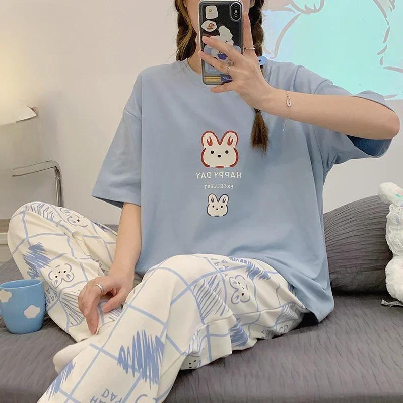 Новая пижама, мягкая хлопковая пижама для женщин, летние брюки в клетку с короткими рукавами, пижама с принтом кролика в Корейском стиле