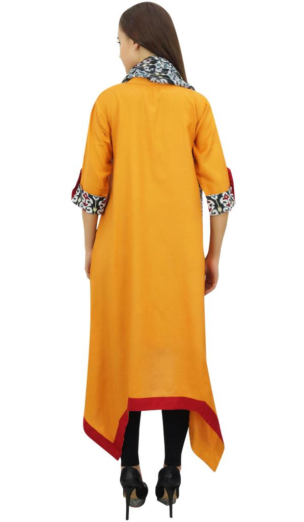 Bimba Women's Mustard Rayon Kurti Asymmetrical Hem Casual Wear With Scarf -