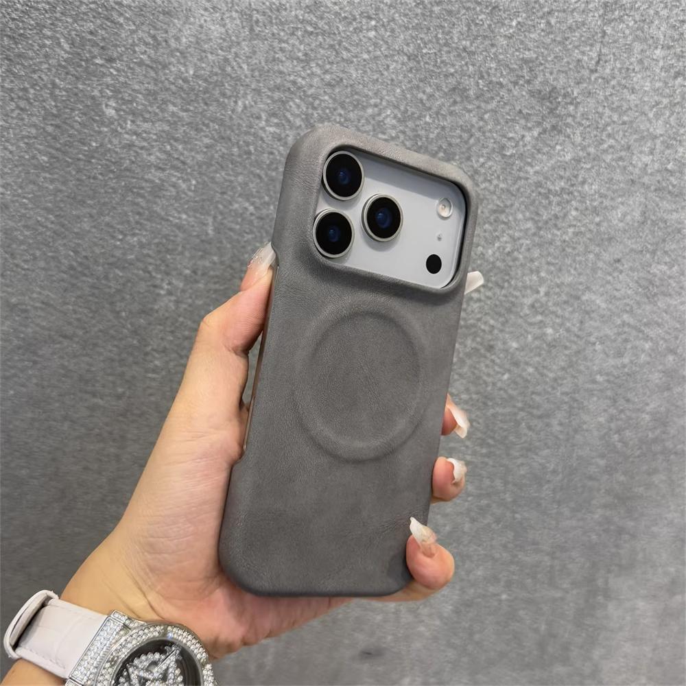 Магнитный кожаный чехол из овчины для iPhone 17 Air 16 Pro Max 15 14 13 12 Magsafe Беспроводная зарядка Полупрозрачная жесткая крышка