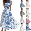 Women's Long Casual Dress Summer Short-Sleeve V-Neck Waist Retraction Printed Dress