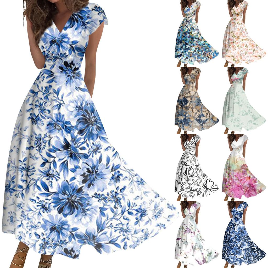 Women's Long Casual Dress Summer Short-Sleeve V-Neck Waist Retraction Printed Dress