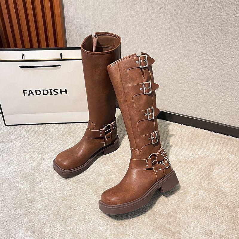 Women's Vintage Brown Over-the-Knee Western Boots with Belt Buckle and Chunky Heel for Spring/Summer