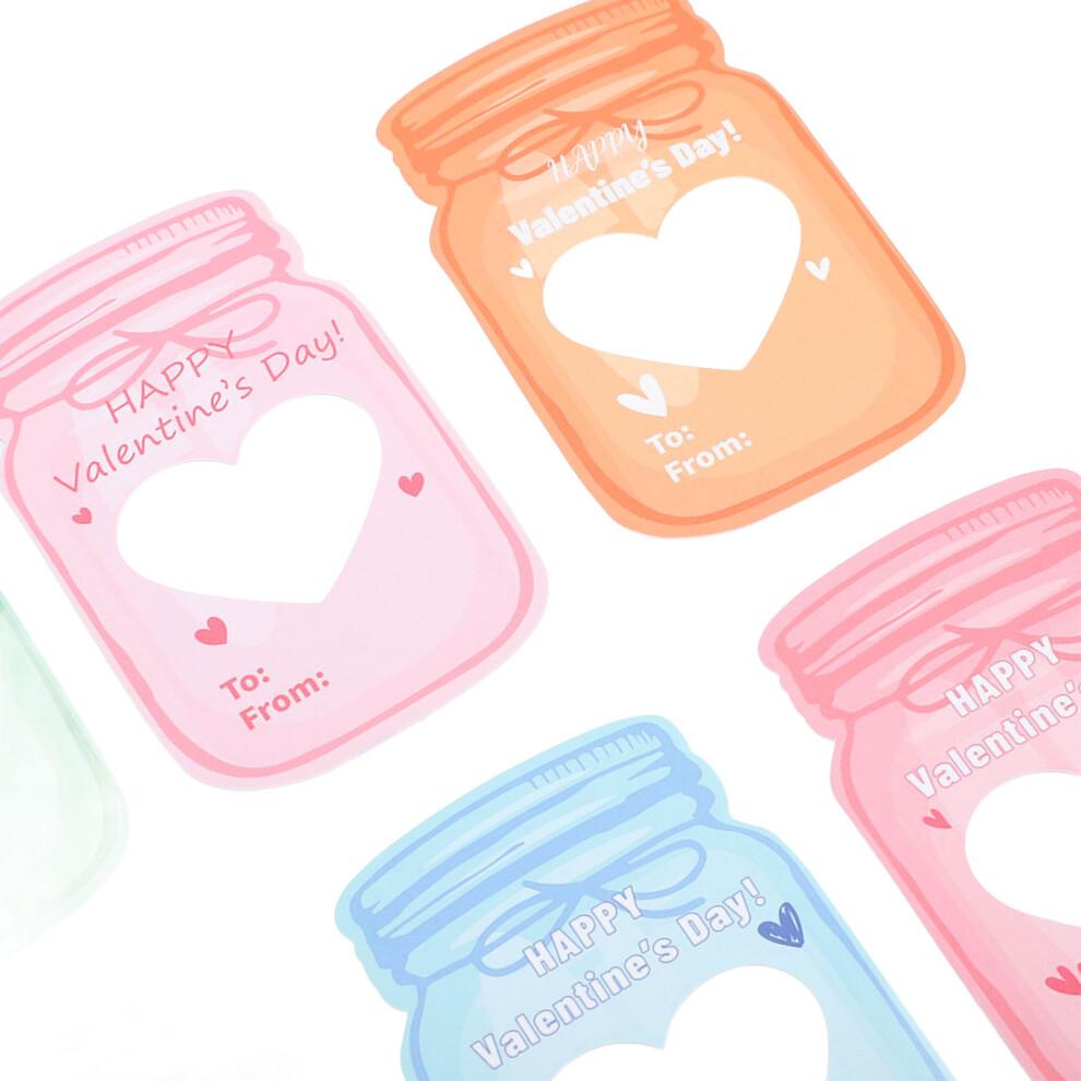 Kids Valentines Cards Set - 30 Jar Designs with Adhesive & Bags