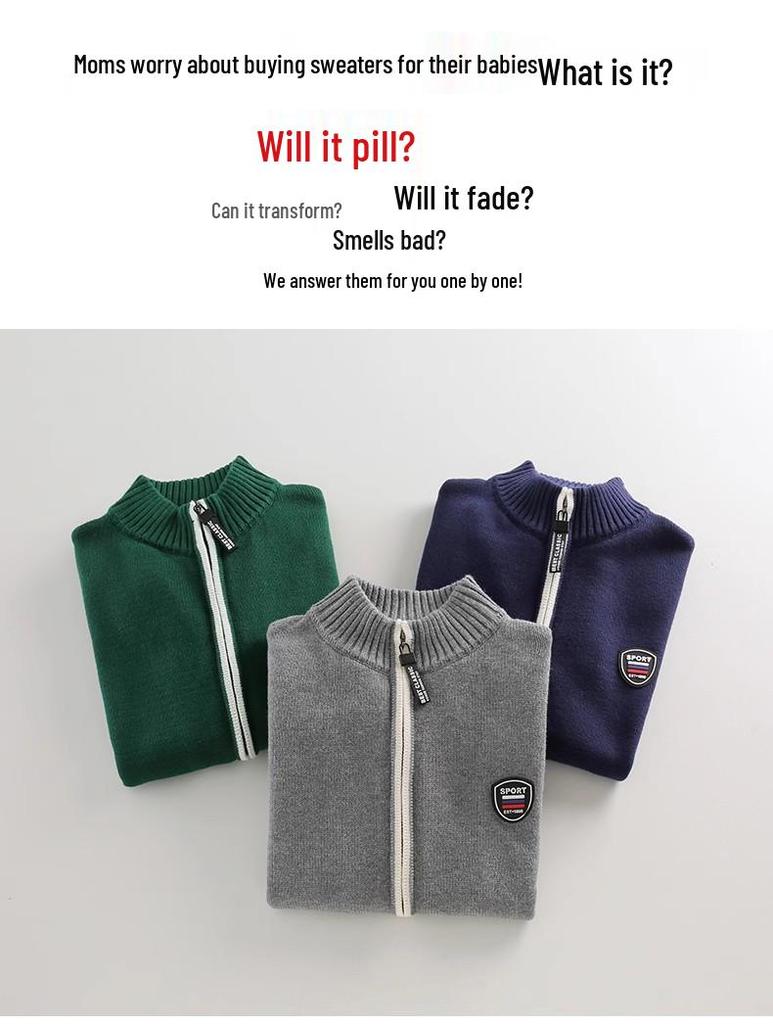 Красный вязаный кардиган на молнии для мальчиков: На флисовой подкладке, из чистого хлопка, толстый шерстяной для осени/зимы