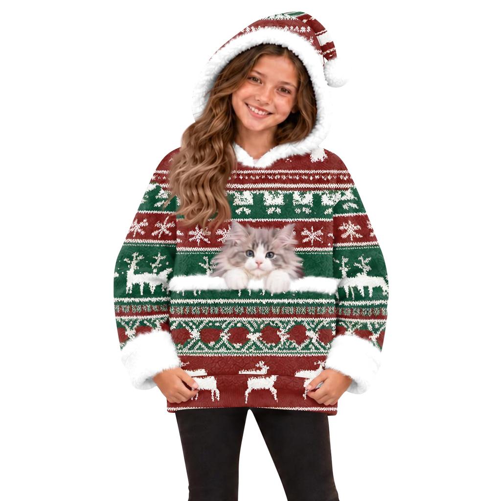 Kids Casual Christmas Holiday Print Hooded Top with Large Pet Pocket for Boys and Girls