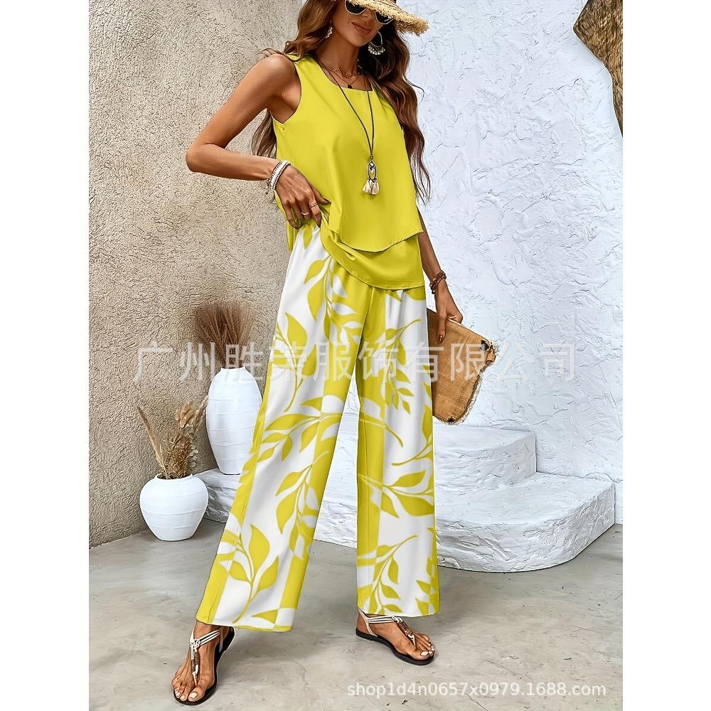 Layer Double Women Sleeveless Vest And Pants Set Casual Solid Two Piece Outfit Fashion Daily Matching Suit