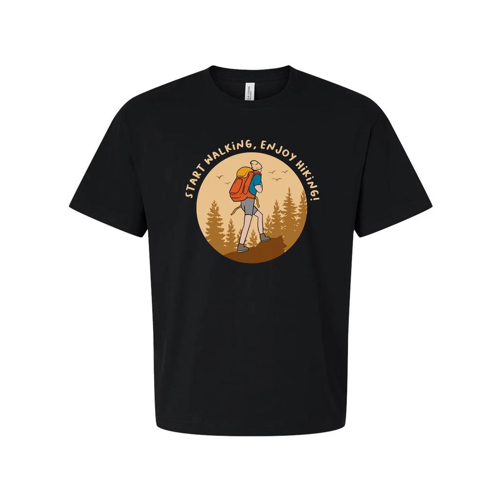 Unisex Outdoor Hiking T Shirt With Hiker Illustration In Circular Forest Scene F