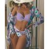 Women Floral Print Bikinis Set Sexy Three Piece Beach Cover Up Push Up Summer Long Sleeve Twist Swimwear Bathing Suit
