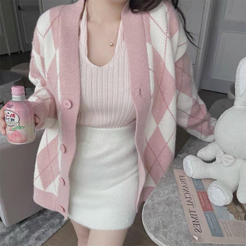 Danmo Fashion Plaid Knitted Cardigan Women Long Sleeve Casual Loose Sweaters Vintage Japanese Style Oversized Coat
