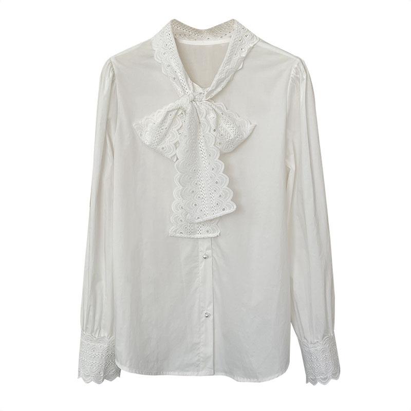 Tachibana Autumn Shirt Women's Tachibana Korean Temperament Bow White Shirt Women's Chic Top 8889